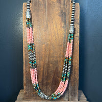 Totally Amazing 6 Strand Pink & Turquoise Beads with 5 & 8mm Navajo Pearls Sterling Silver Necklace