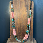 Totally Amazing 6 Strand Pink & Turquoise Beads with 5 & 8mm Navajo Pearls Sterling Silver Necklace