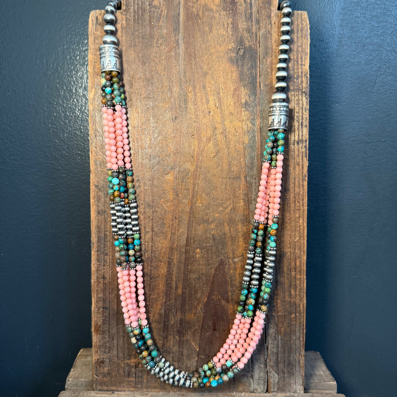 Totally Amazing 6 Strand Pink & Turquoise Beads with 5 & 8mm Navajo Pearls Sterling Silver Necklace