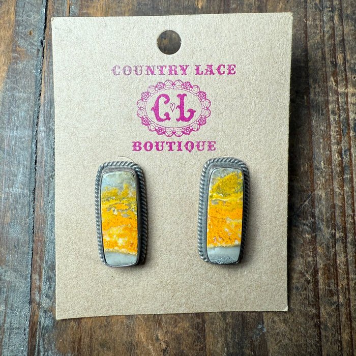 Bumble Bee Rectangle with Rope Detail Post Sterling Silver Earring
