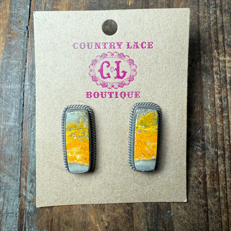Bumble Bee Rectangle with Rope Detail Post Sterling Silver Earring