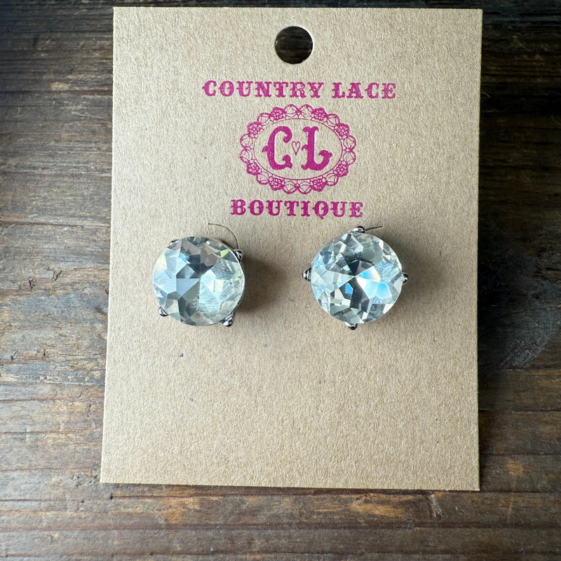 Big Clear Crystal Silver Round Post Stud Fashion Earring