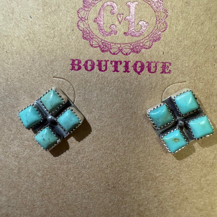 Dainty 4 Stone Turquoise Square Post Stud Sterling Silver Earring