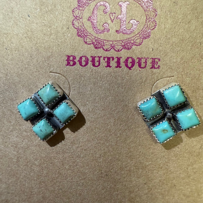 Dainty 4 Stone Turquoise Square Post Stud Sterling Silver Earring