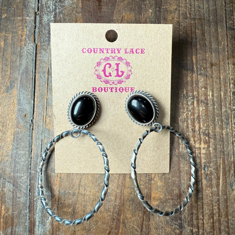 Black Onyx Detailed Hoop Post Sterling Silver Earring