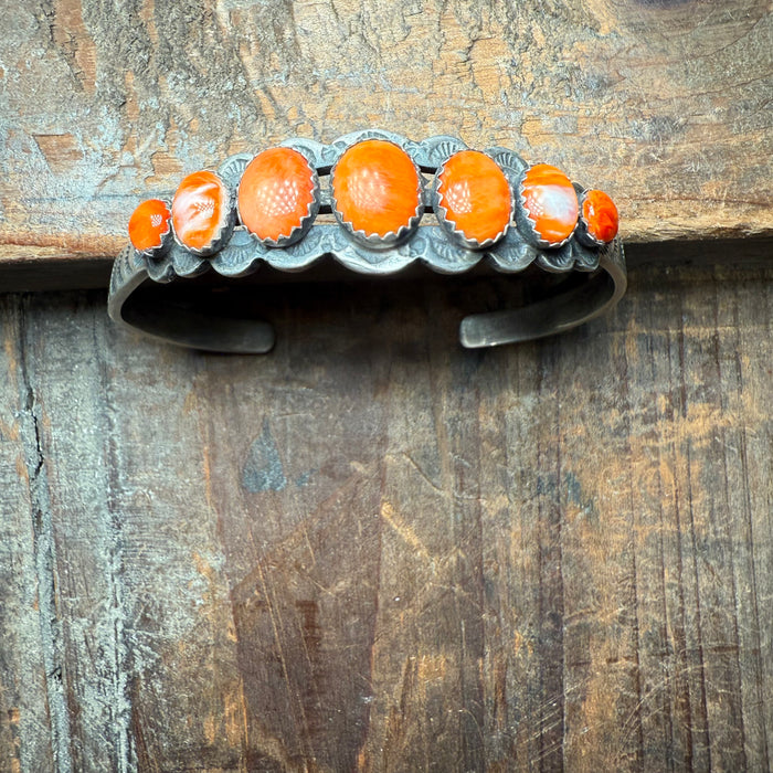 Authentic Orange Spiny with Detailed Cuff Sterling Silver Bracelet