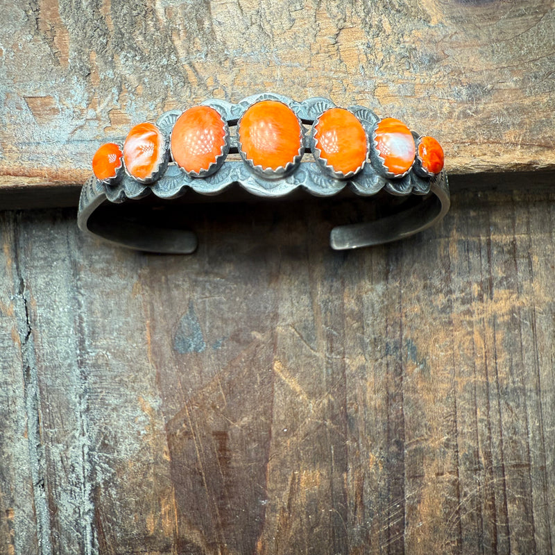 Authentic Orange Spiny with Detailed Cuff Sterling Silver Bracelet