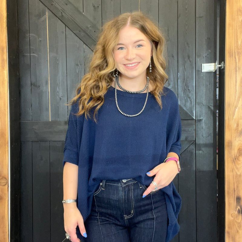 Navy Ribbed Dolman Shortsleeve Top