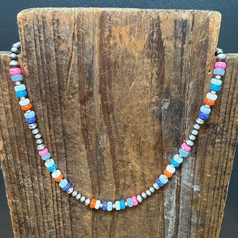 16 inch Patterned 4,5mm Navajo Pearl w/ Multi Colored Opal Sterling Silver Necklace