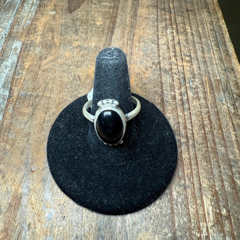 Oval Black Onyx with Ball Detail Sterling Silver Ring