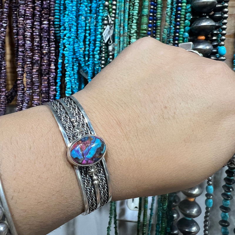 Pink Dahlia Oval Stone Cuff Genuine Bracelet