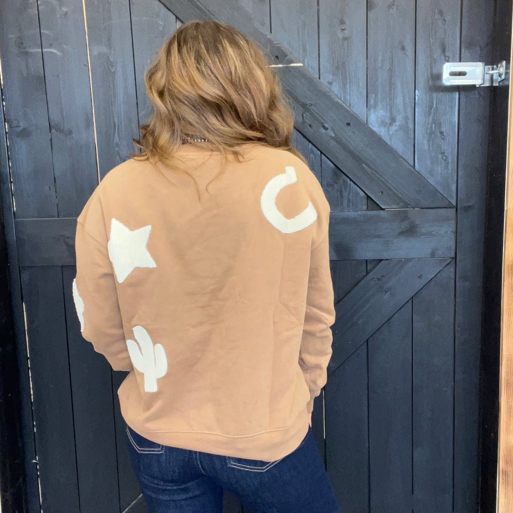 Tan Western Textured Patchwork Sweatshirt