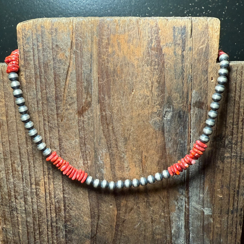 14 inch 5mm Sterling Silver Sterling Silver Navajo Pearl with Red Coral Spiny Chips Necklace