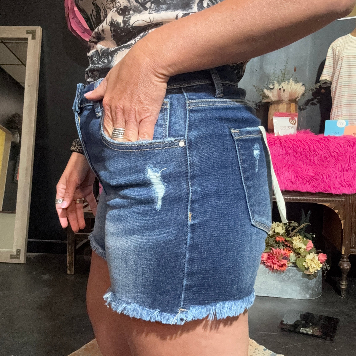 Risen High Rise Fray Bottom Dark Shorts