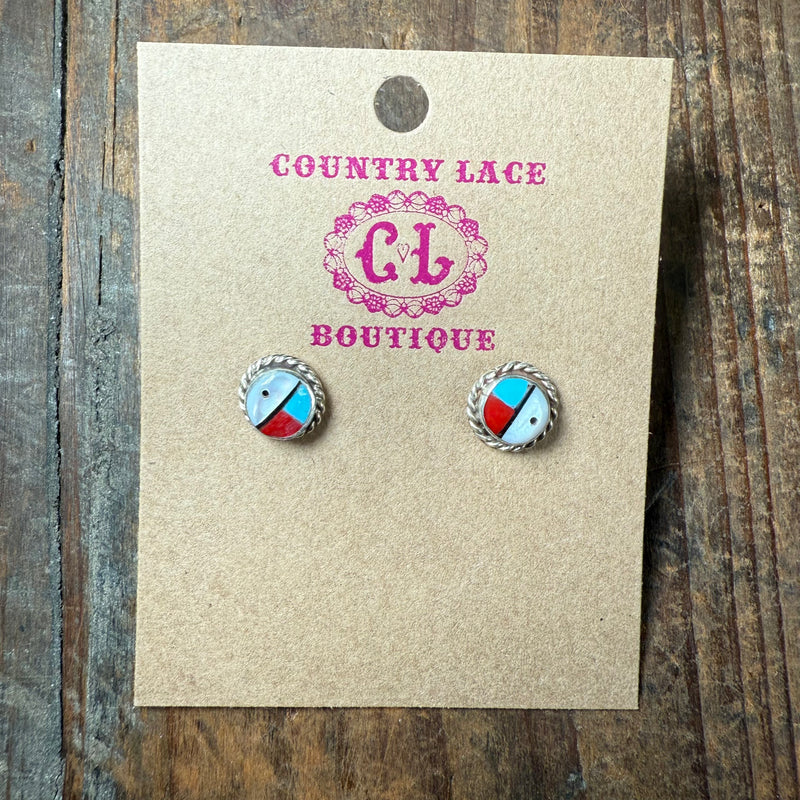 Multi Stone Inlay Stud Post Sterling Silver Earring