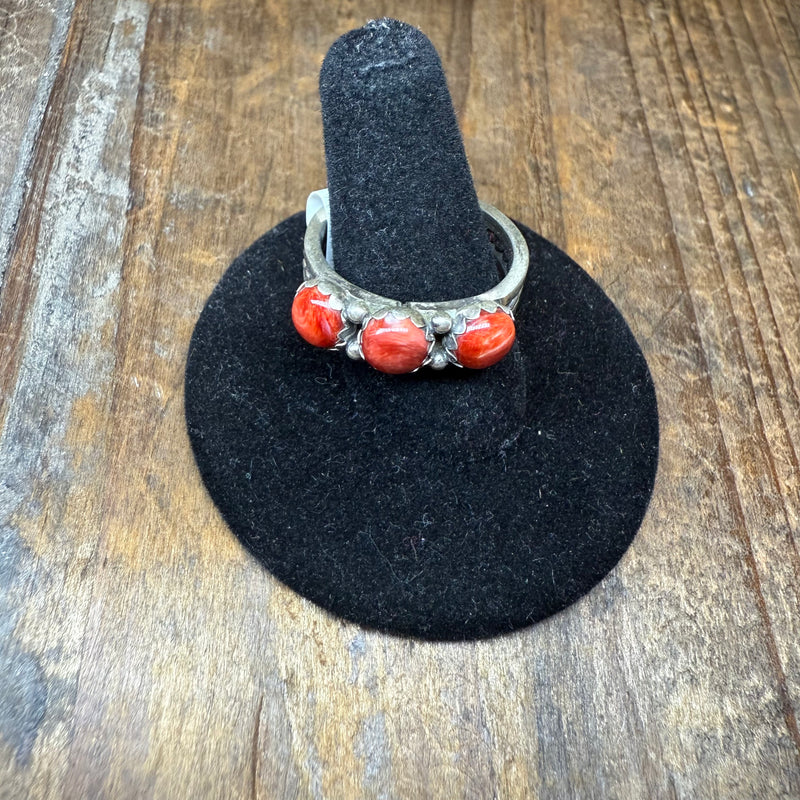3 Stone Red Coral Detail Band Sterling Silver Ring