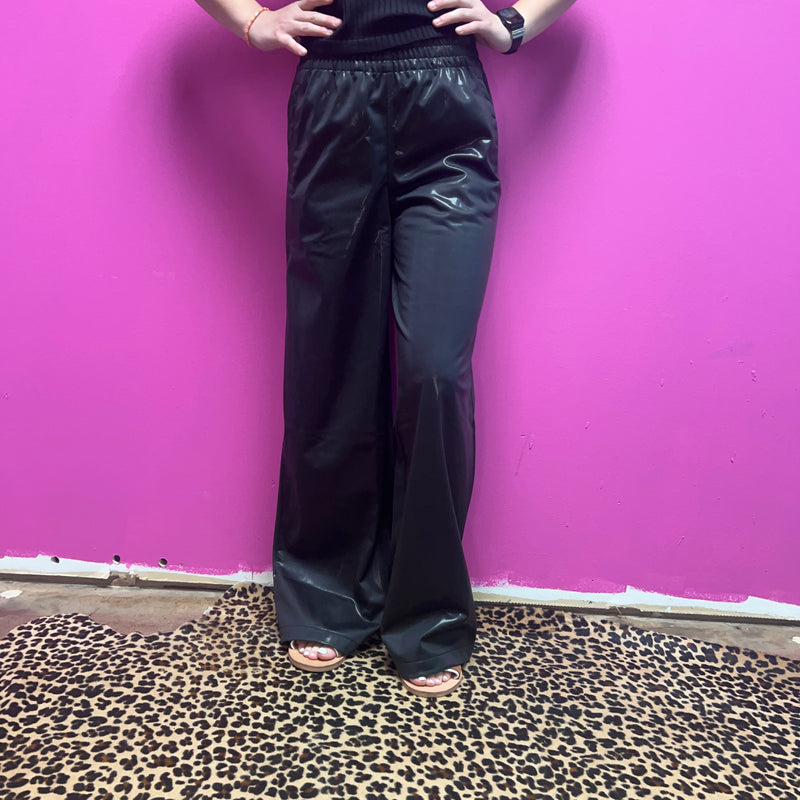 Glossy Leather Look Wide Leg Flare Pants Black Mono B44