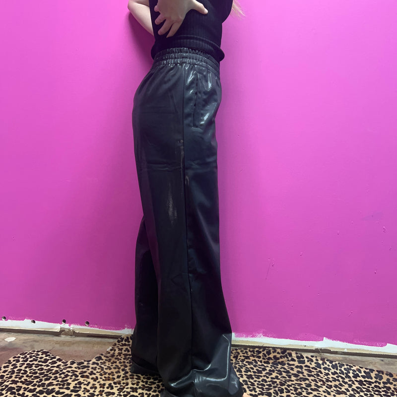 Glossy Leather Look Wide Leg Flare Pants Black Mono B78