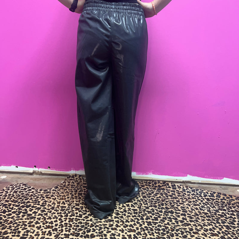 Glossy Leather Look Wide Leg Flare Pants Black Mono B88