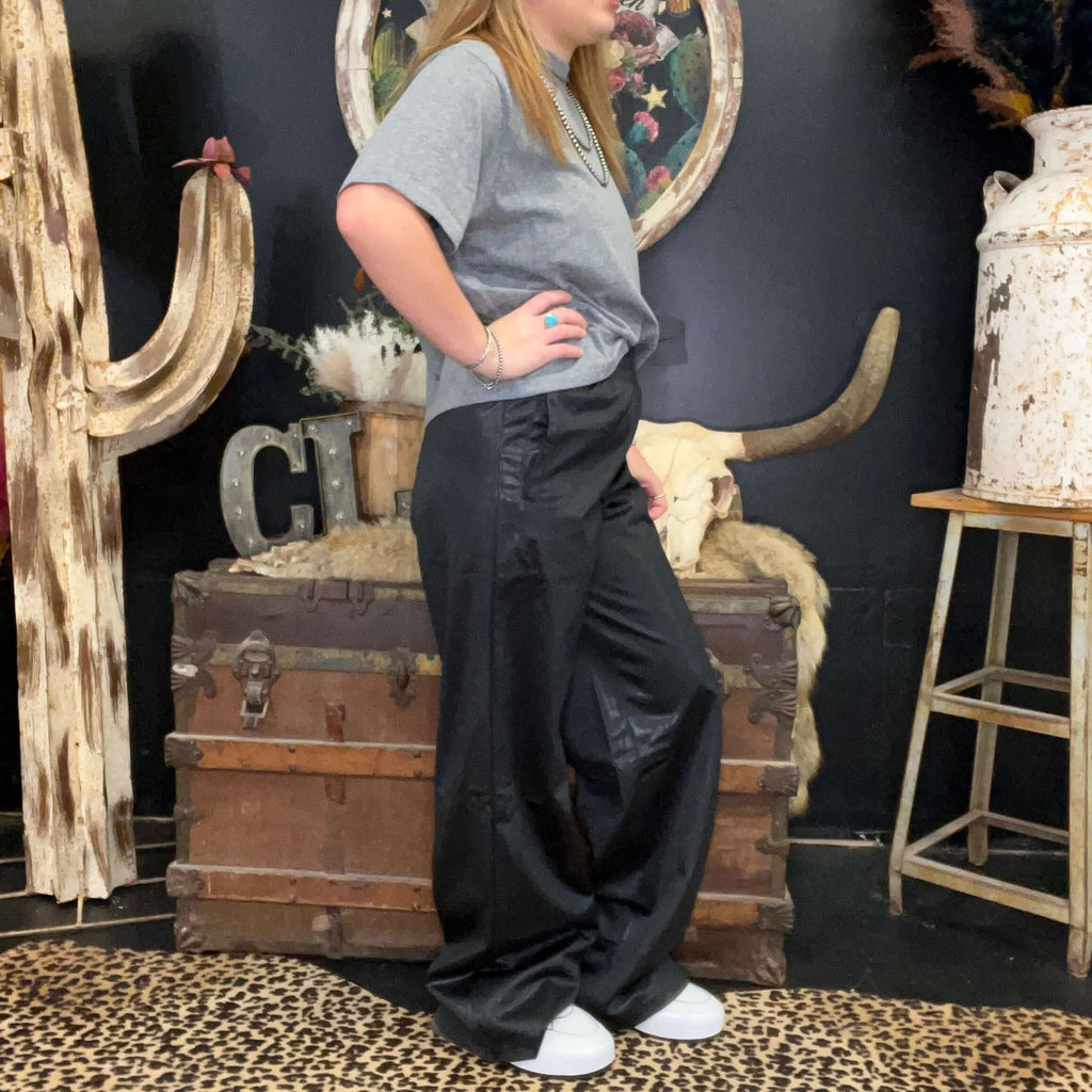 Glossy Leather Look Wide Leg Flare Pants Black Mono B 1