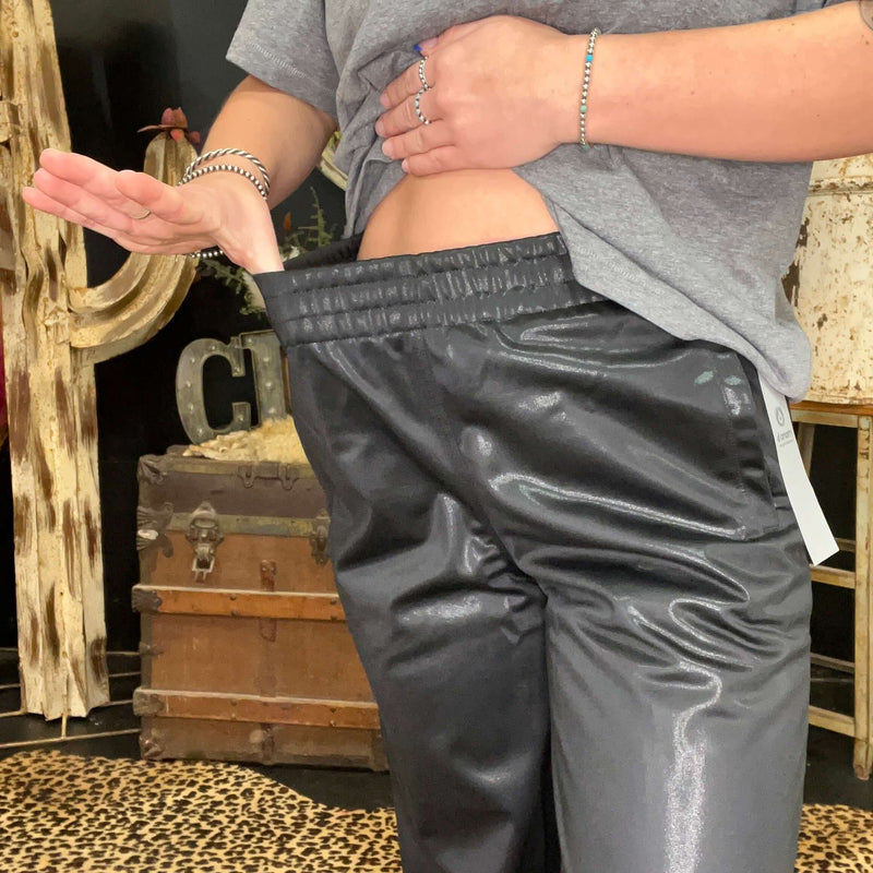 Glossy Leather Look Wide Leg Flare Pants Black Mono B 4