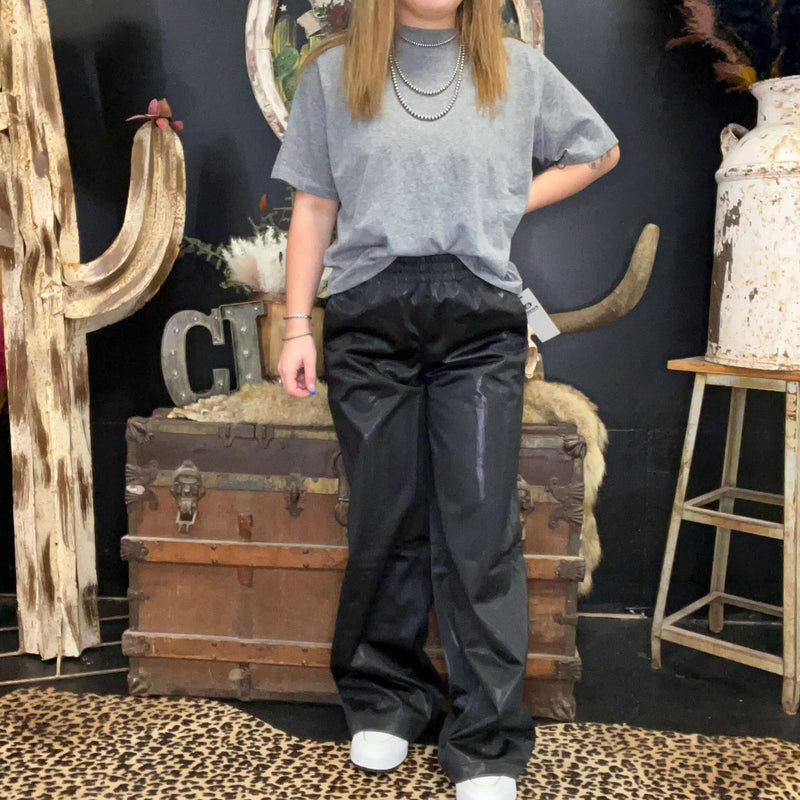 Glossy Leather Look Wide Leg Flare Pants Black Mono B 5