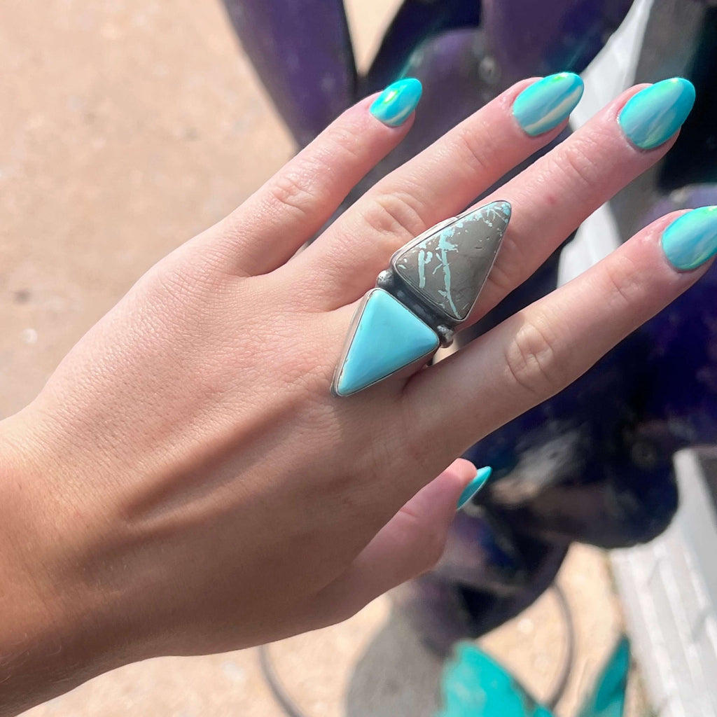 Gorgeous 2 Stone Triangle Turquoise Adjustable Genuine Ring