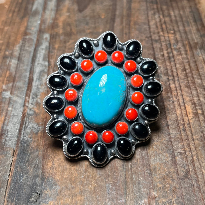 Gorgeous Black Onyx Red Spiny & Turquoise Statement Adjustable Genuine Ring