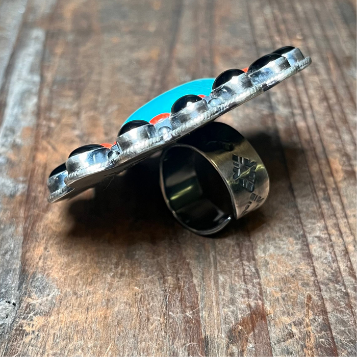 Gorgeous Black Onyx Red Spiny & Turquoise Statement Adjustable Genuine Ring1
