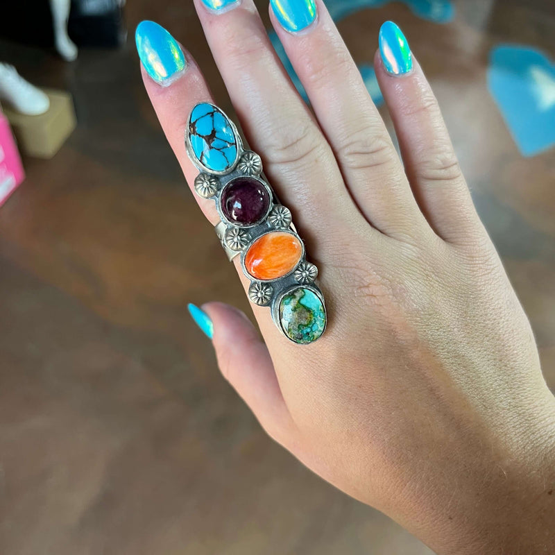 Gorgeous Turquoise Orange & Purple Spiny & Sonoran Gold Adjustable Genuine Ring....