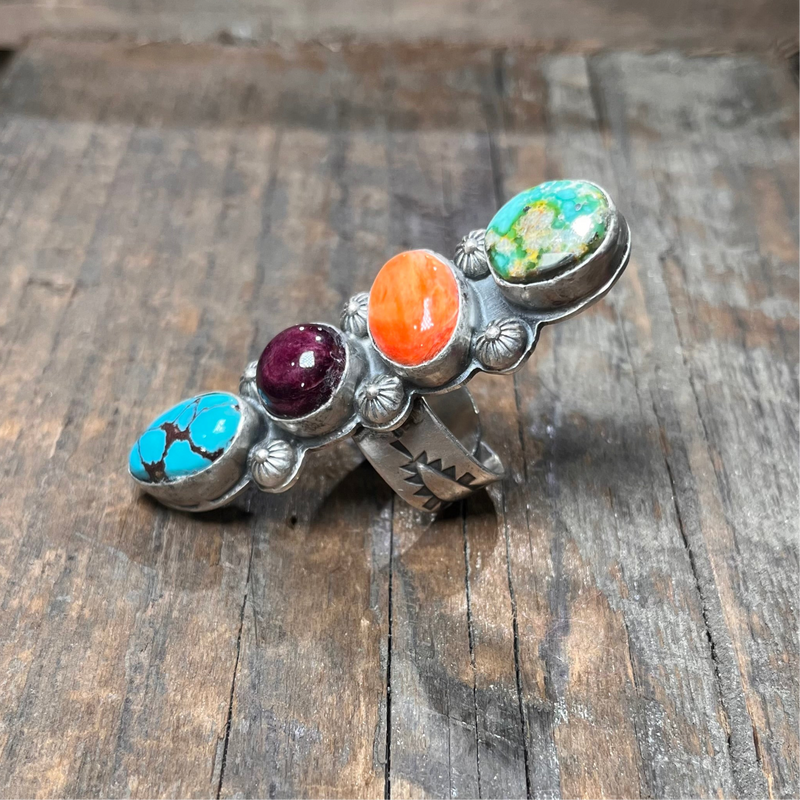 Gorgeous Turquoise Orange & Purple Spiny & Sonoran Gold Adjustable Genuine Ring...