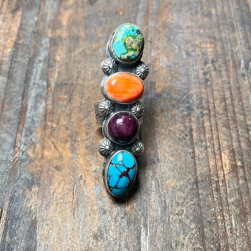 Gorgeous Turquoise Orange & Purple Spiny & Sonoran Gold Adjustable Genuine Ring.
