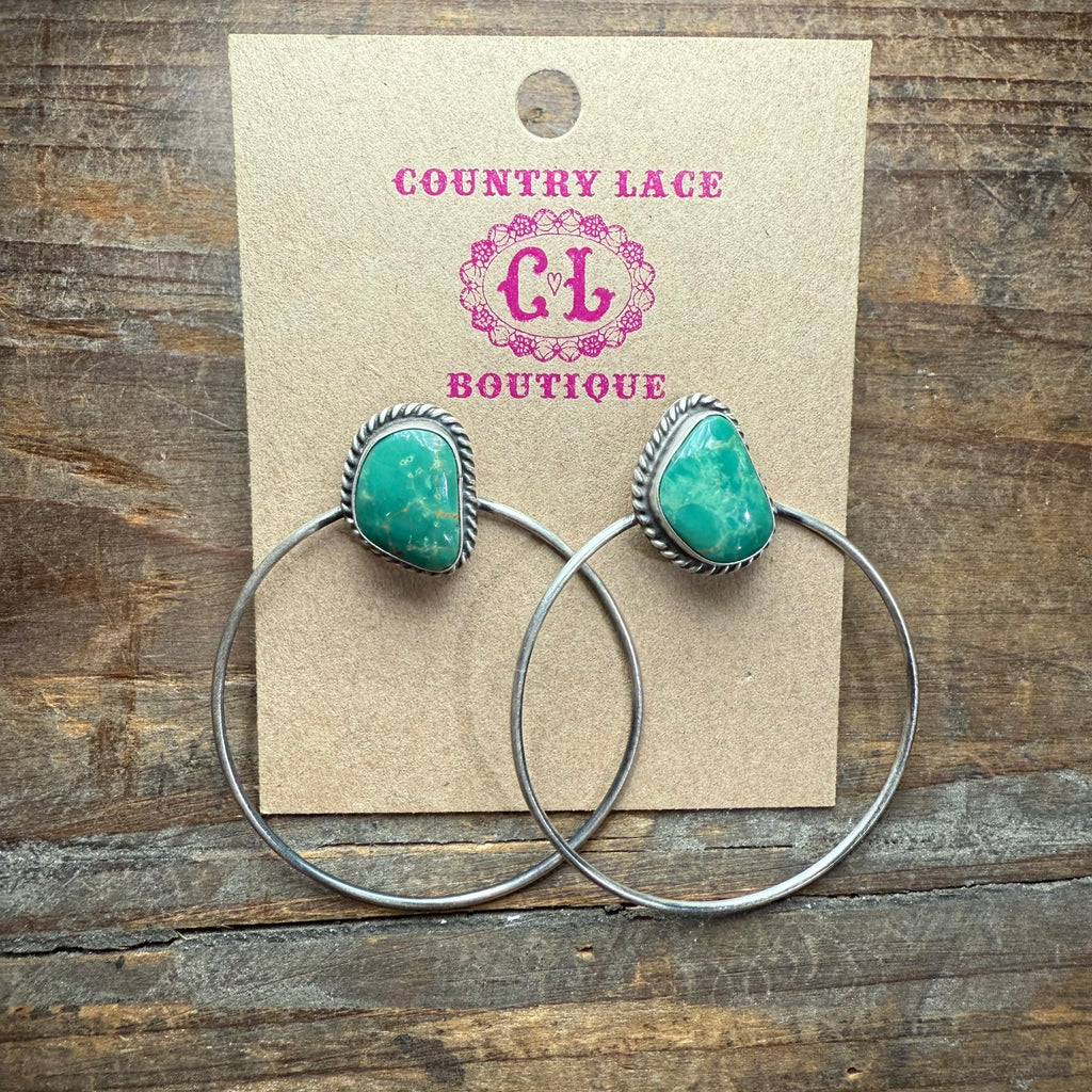 Green Turquoise Hoop Post Genuine Earring