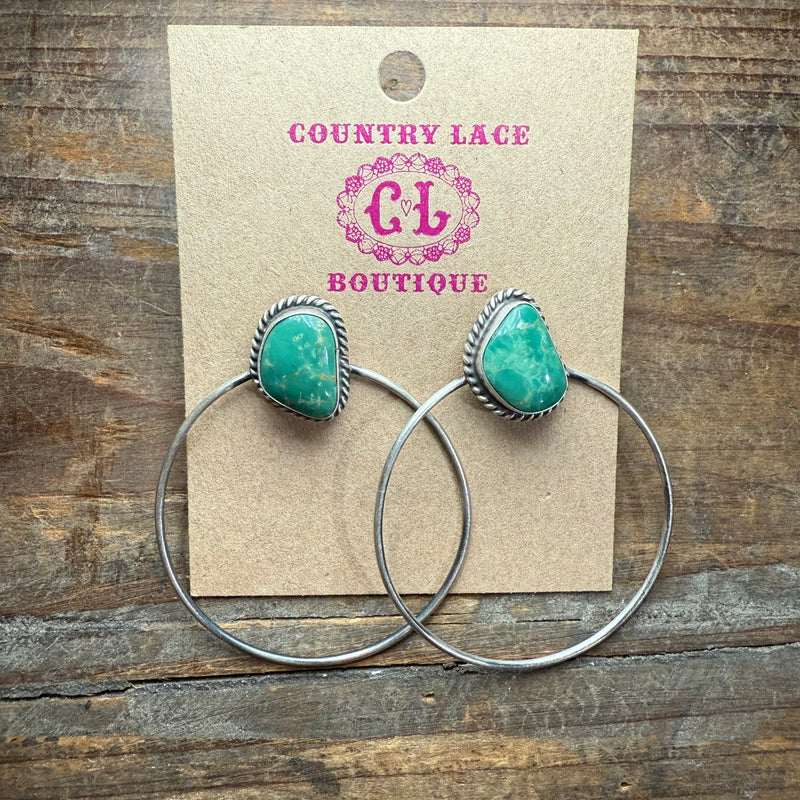 Green Turquoise Hoop Post Genuine Earring