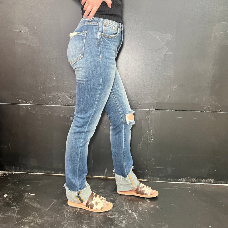 High Rise Distressed Knee Straight-Wide Cuffed Risen Jeans.77
