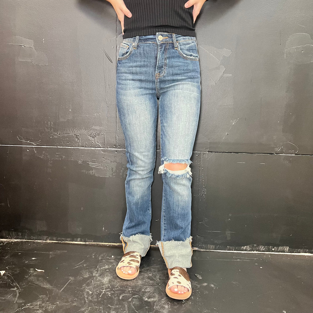 High Rise Distressed Knee Straight-Wide Cuffed Risen Jeans.