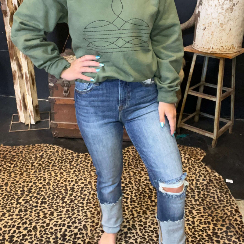 High Rise Distressed Knee Straight-Wide Cuffed Risen Jeans88