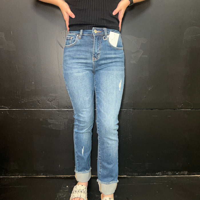 High Rise Straight Raw Hem Cuffed Slim Risen Jeans
