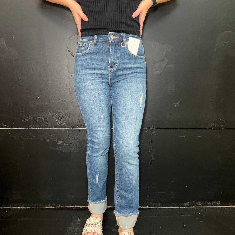 High Rise Straight Raw Hem Cuffed Slim Risen Jeans