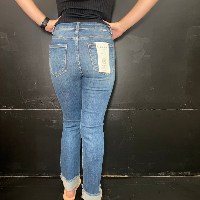 High Rise Straight Raw Hem Cuffed Slim Risen Jeans1