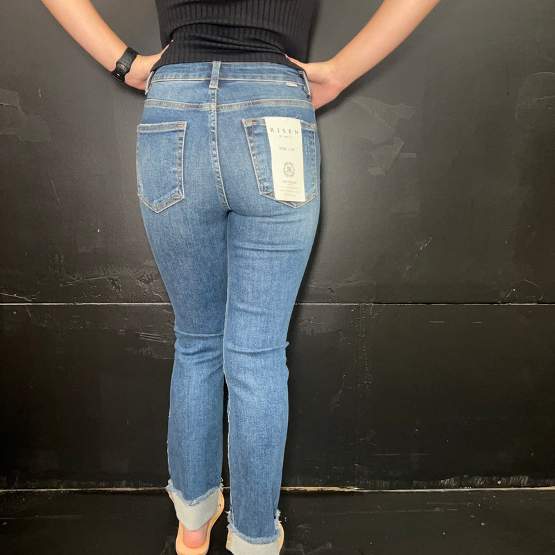 High Rise Straight Raw Hem Cuffed Slim Risen Jeans1