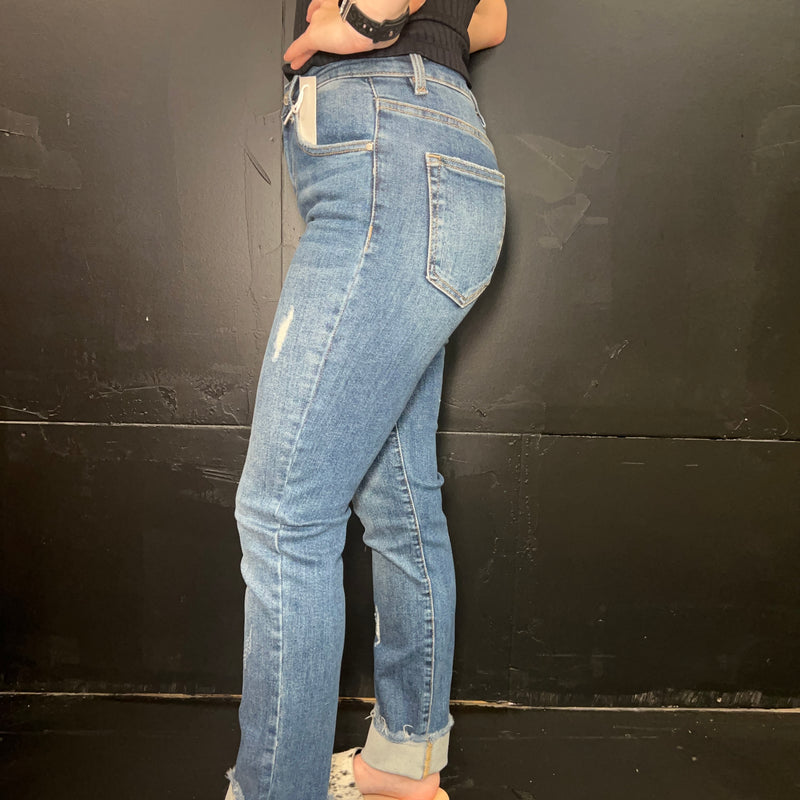 High Rise Straight Raw Hem Cuffed Slim Risen Jeans2