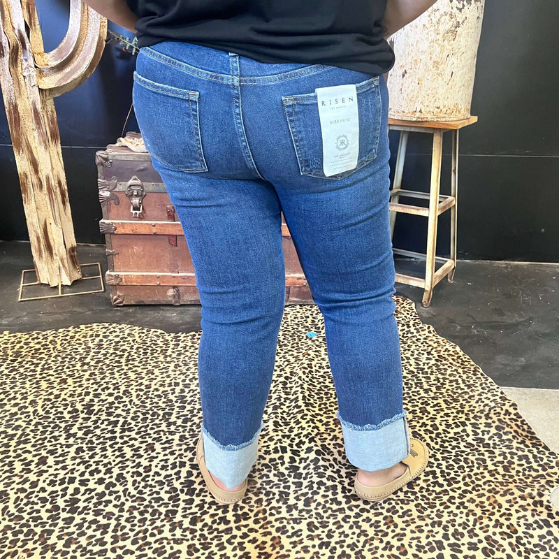 High Rise Straight Raw Hem Cuffed Slim Risen Jeans99