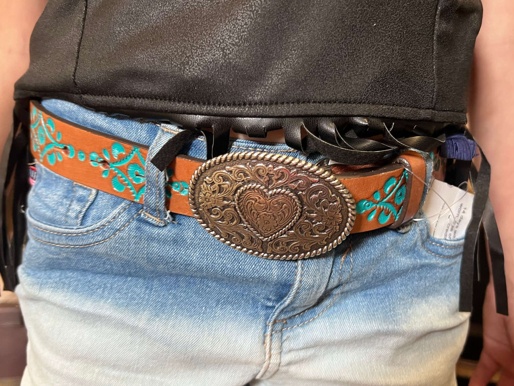 Hope Justin Kids Leather Tooled with Turquoise Belt with Heart Detailed Buckle 1