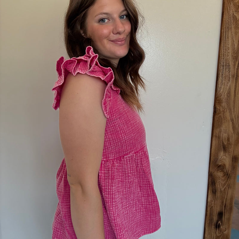 Hot Pink Flowy Ruffle Sleeveless Top1
