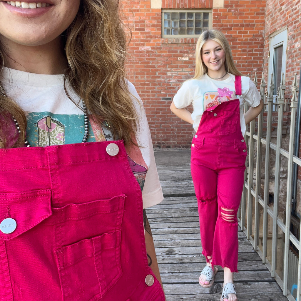 Hot Pink Risen Overalls Crop Jeans / Small2