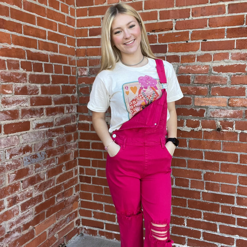 Hot Pink Risen Overalls Crop Jeans / Small456