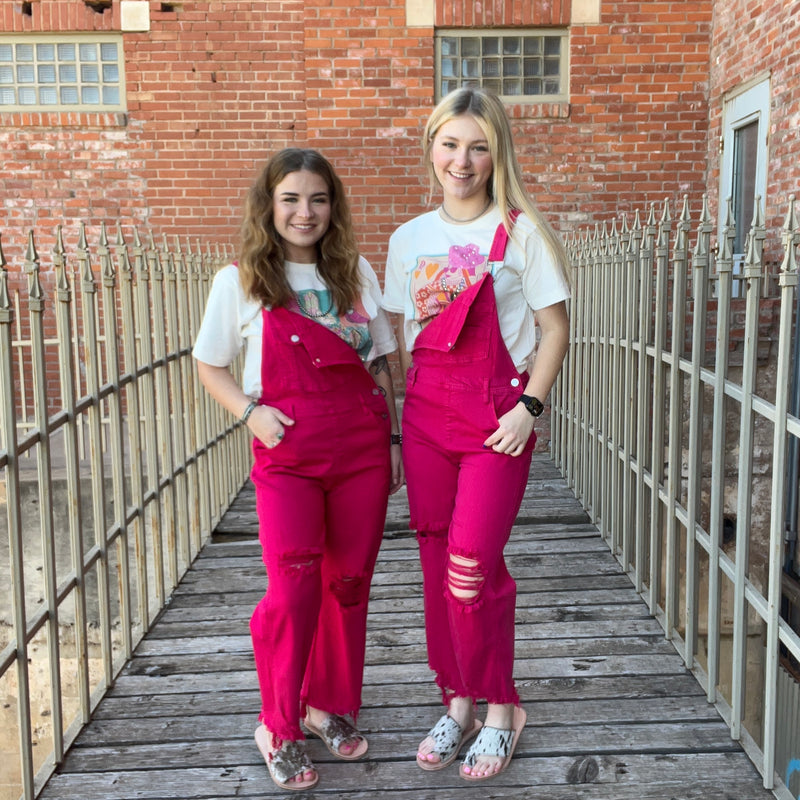 Hot Pink Risen Overalls Crop Jeans / Small5