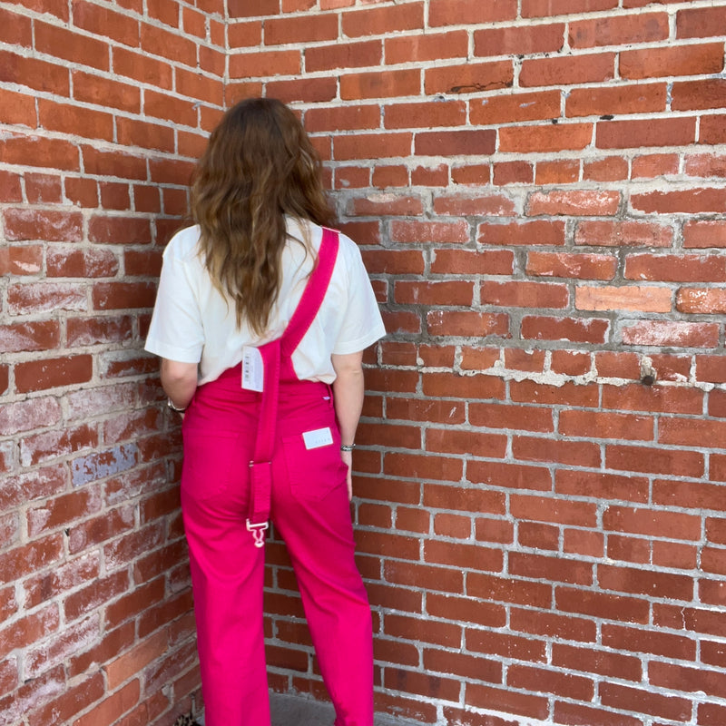Hot Pink Risen Overalls Crop Jeans / Small77