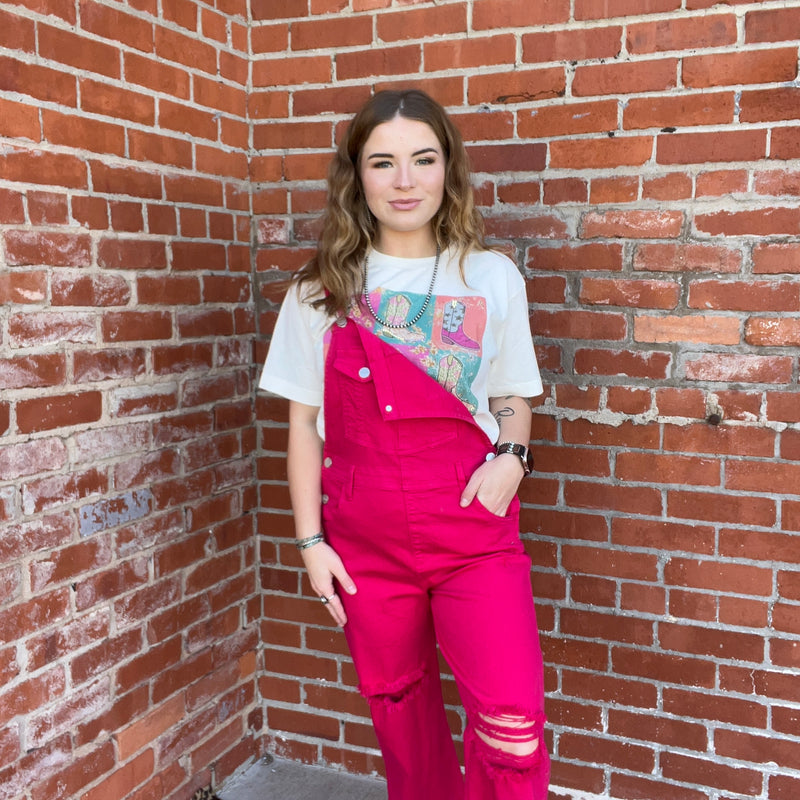 Hot Pink Risen Overalls Crop Jeans / Small99